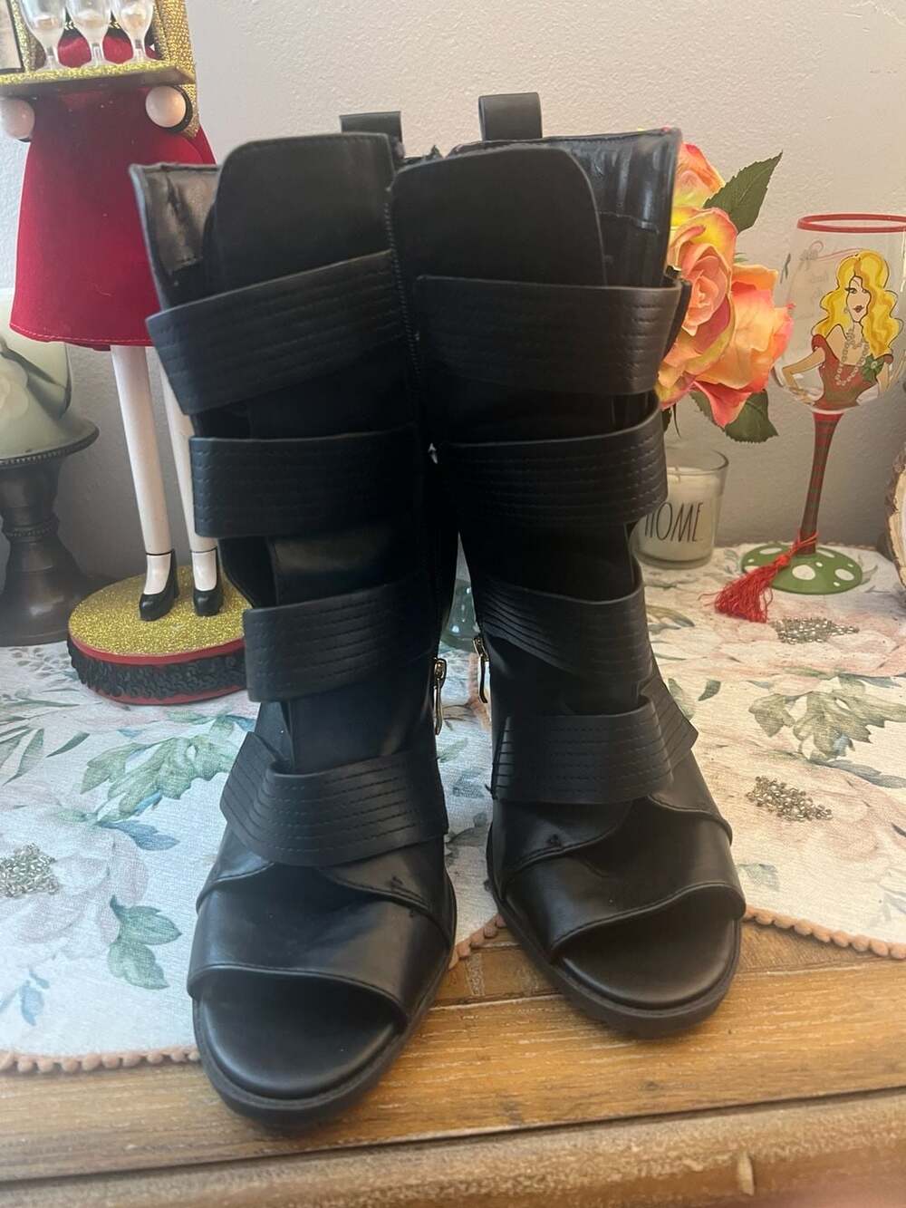 DKNY Women's Black Peep Toe Multi-Strap Moto Heel Boots Size 11M